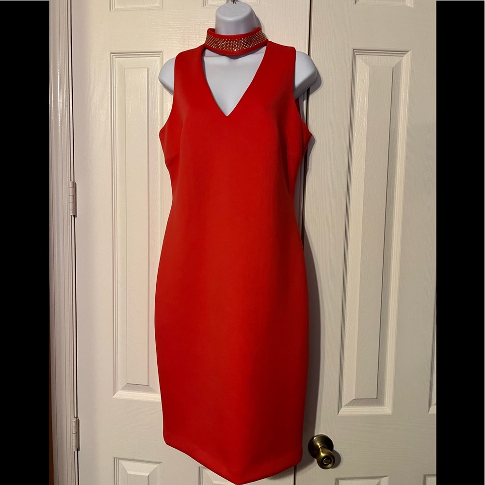 Calvin Klein Coral/orange Scuba stud Mock Choker V-neck sleeveless Dress
